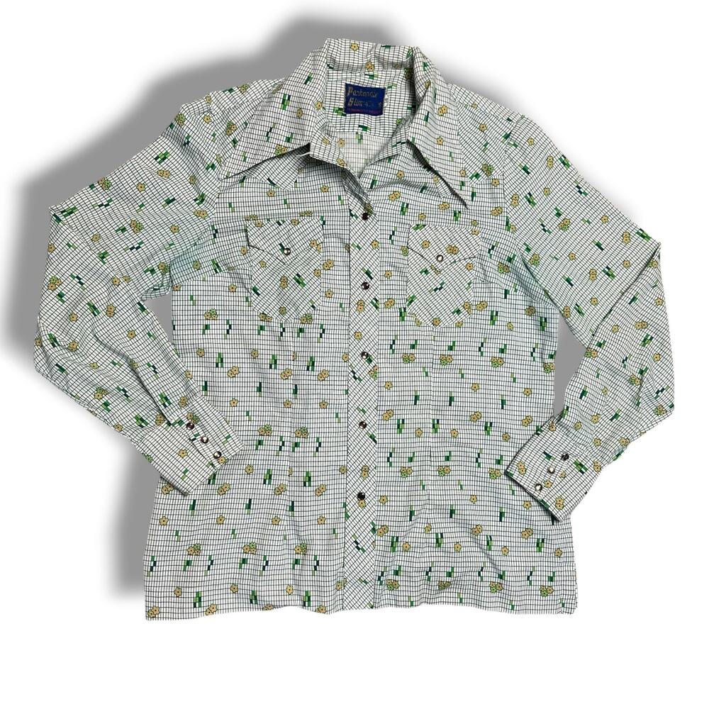 Vintage 70s Panhandle Slim Western Pearl Snap Shirt Womens Green Floral M